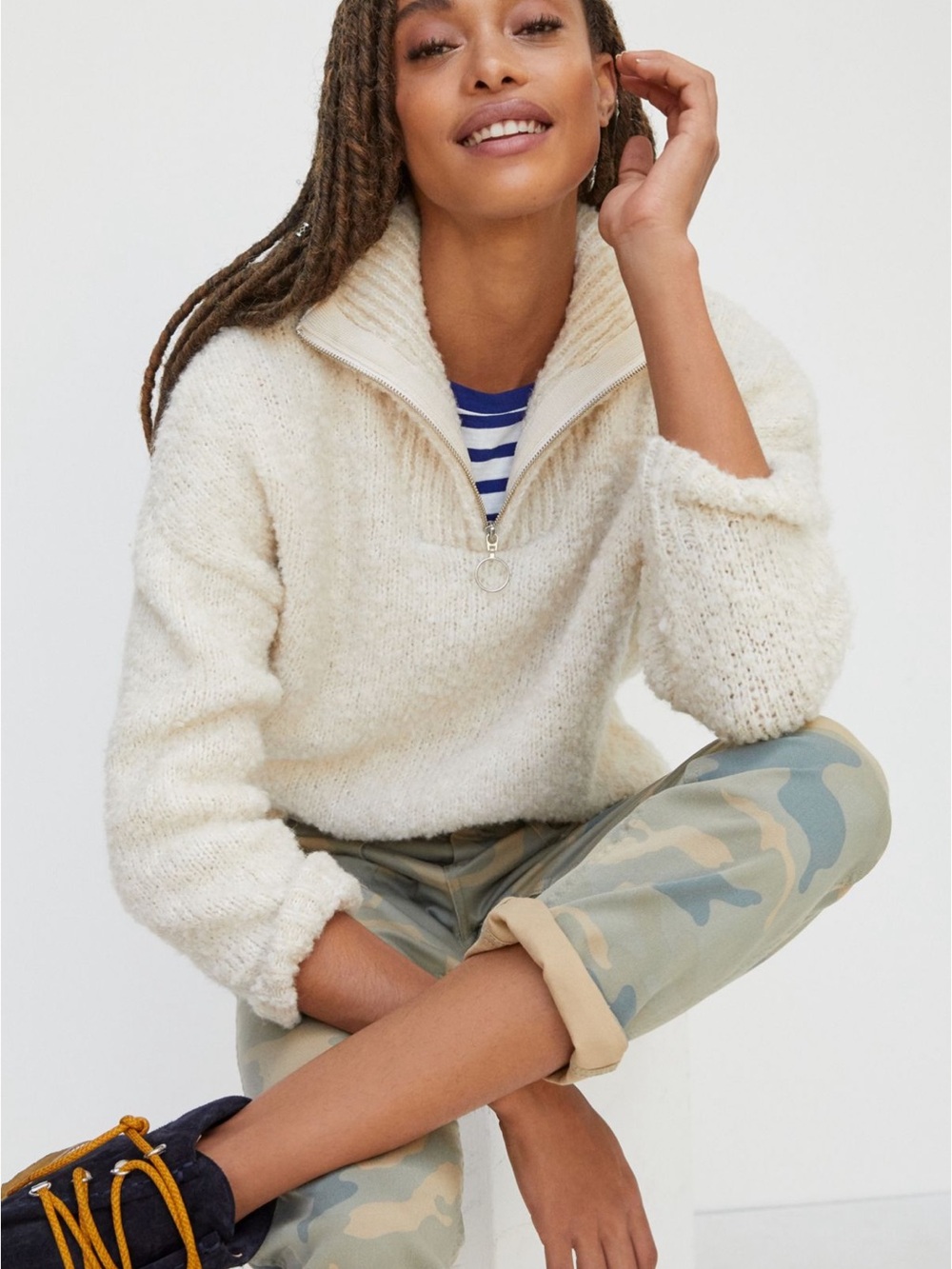 Anthropologie ilaria Cream ivory quarter Zip Funnelneck Sweater
